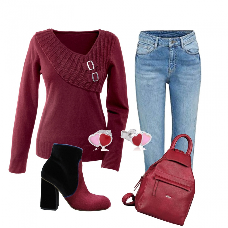 Outfit donna - Urban #24069. Stile Urban per Scuola/Università. Abbinamento con maglieria, stivaletti, jeans, zaini, orecchini.