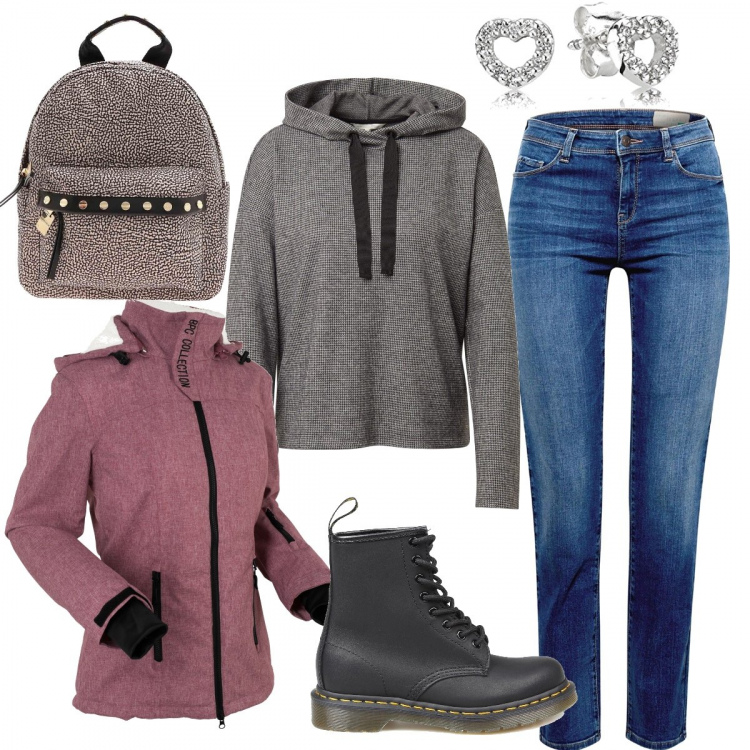 Outfit donna - Basic #37898. Stile Basic per Tutti i giorni. Abbinamento con blazer, jeans dritti, felpe con cappuccio, anfibi, zaini, orecchini.