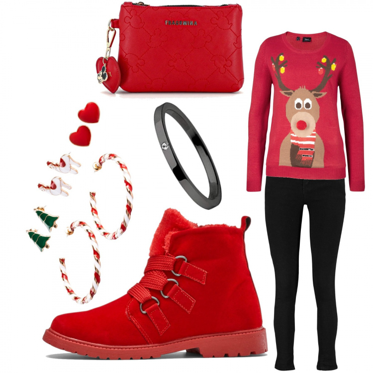 Outfit donna - Natale 1. Stile Basic per Tutti i giorni. Abbinamento con costumi interi, stivaletti, maglieria, jeans skinny, pochette, anelli.