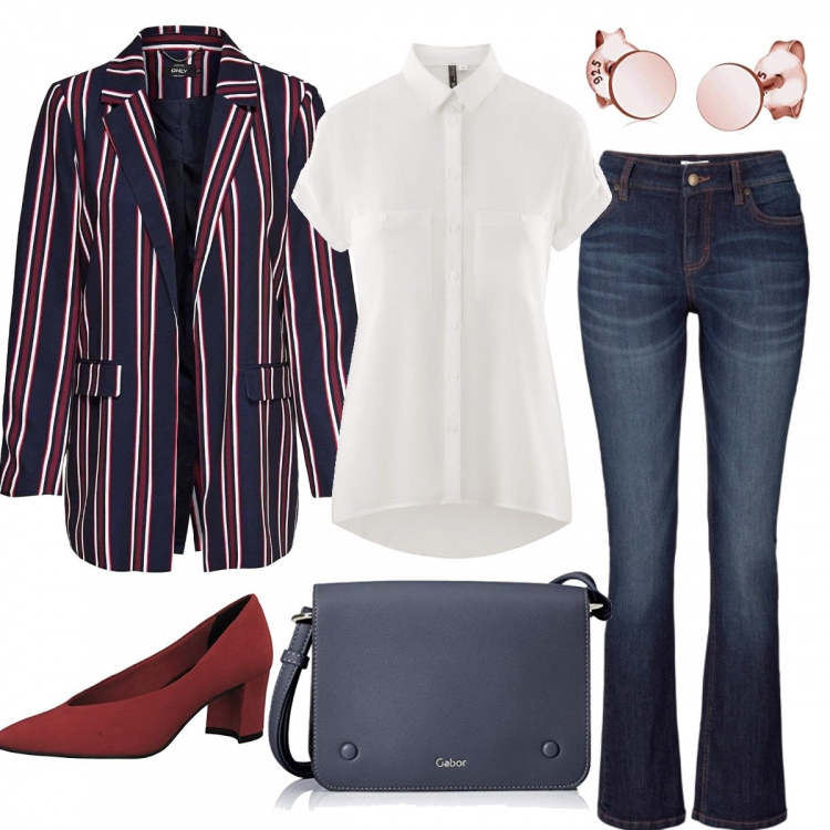 Outfit donna - In ufficio. Stile Basic per Ufficio. Abbinamento con jeans bootcut, blazer, camicie a manica corta, scarpe col tacco, orecchini, borse a tracolla.