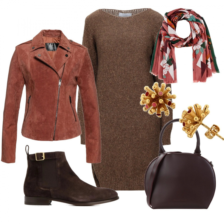 Outfit donna - Trendy con qualche kg in più. Stile Trendy per Tutti i giorni. Abbinamento con top, pullovers, borse a spalla, stivaletti chelsea, sciarpe, orecchini.
