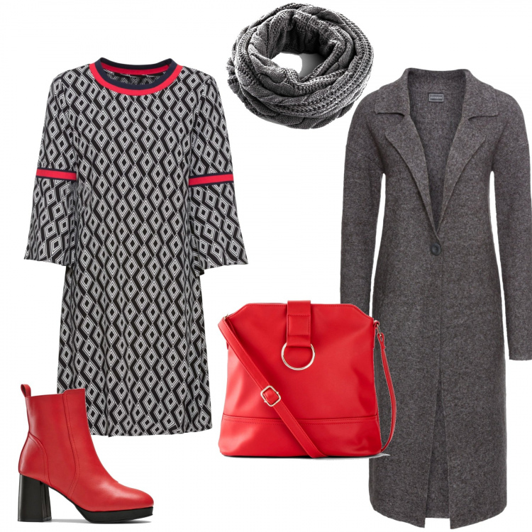 Outfit donna - Bon prix rosso e grigio. Stile Bon Ton per Ufficio. Abbinamento con vestiti, cappotti, stivaletti, borse a tracolla, foulard.