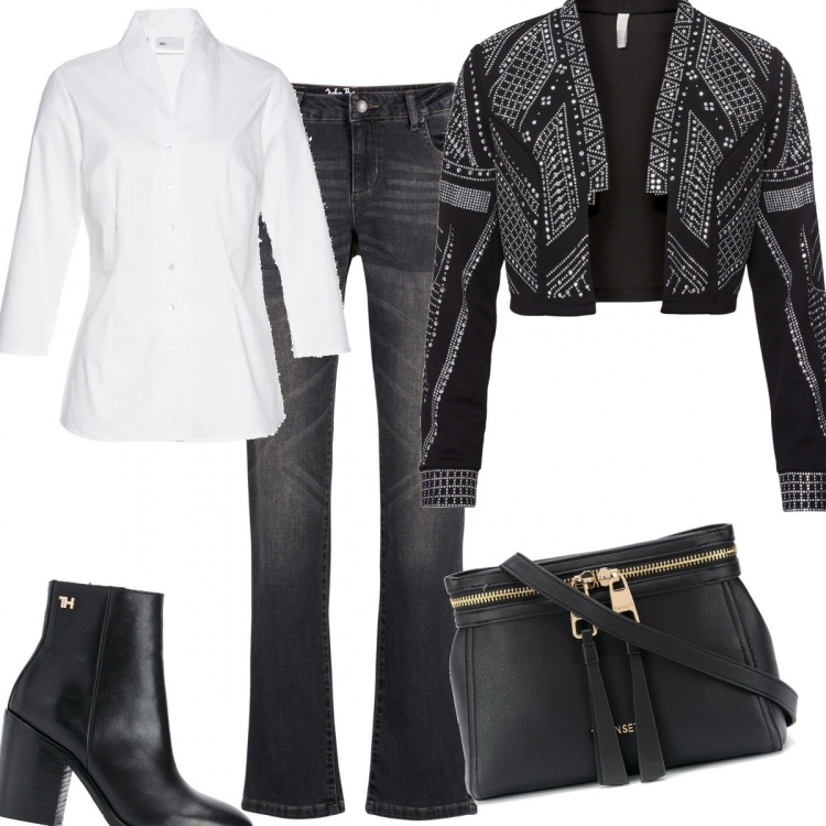 Outfit donna - Oggi libera. Stile Trendy per Tutti i giorni. Abbinamento con camicie, bolero, jeans, stivaletti, borse tote.