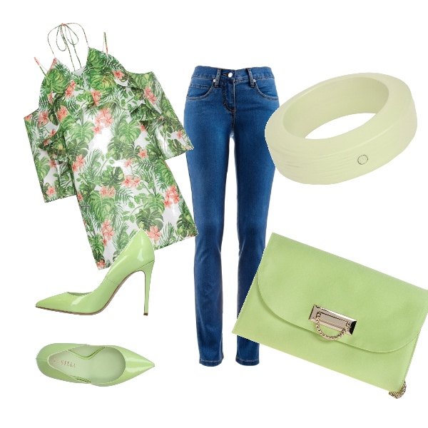 Outfit donna - Benvenuta primavera. Stile Trendy per Tutti i giorni. Abbinamento con jeans dritti, borsa a mano mini interno foderato in raso tinta unita, décolleté effetto vernice con tacco spillo a punta tinta unita.