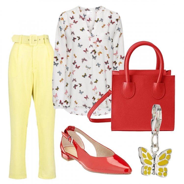 Outfit donna - Parola d\'ordine farfalle. Stile Basic per Tutti i giorni. Abbinamento con bluse, pantaloni, ballerine, borse a mano, ciondoli.