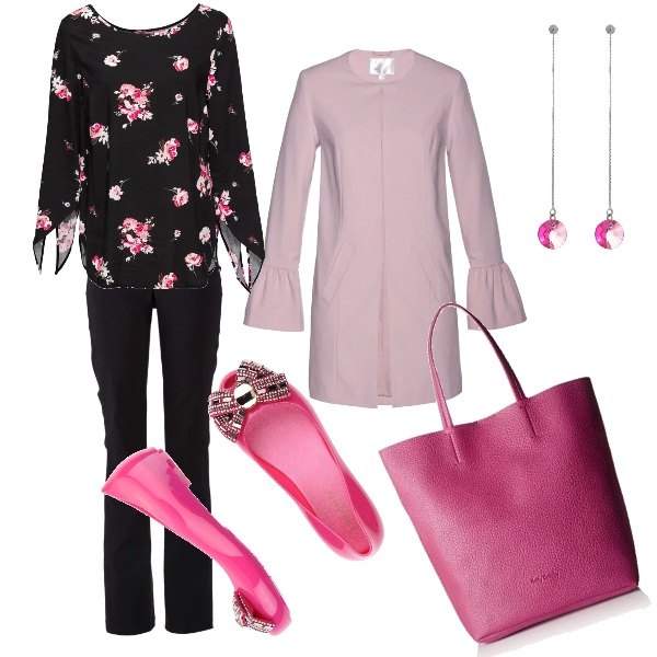 Outfit donna - Primavera in ufficio. Stile Basic per Ufficio. Abbinamento con pantaloni, bluse, blazer con volant collo aperto con gancetto viola, orecchini con pietra rosa.