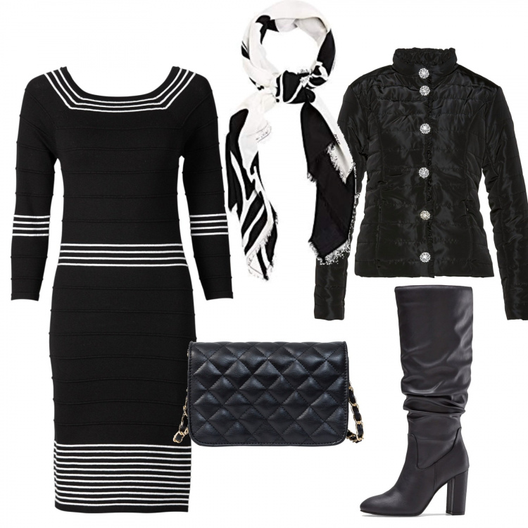 Outfit donna - Bon Ton #27867. Stile Bon Ton per Ufficio. Abbinamento con vestiti, borse a tracolla, cappotti, stivali sopra il ginocchio, sciarpe.