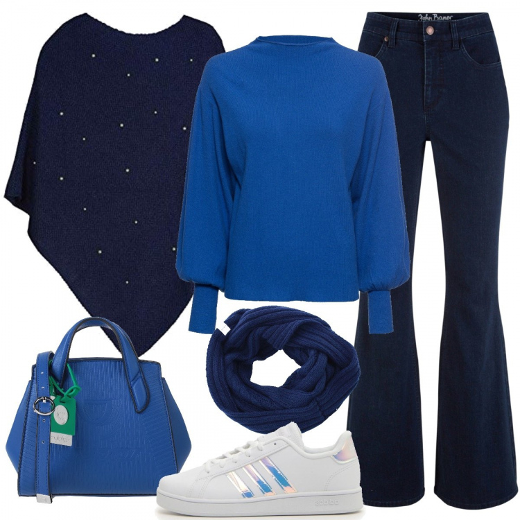 Outfit donna - Tonalità di blu. Stile Basic per Tutti i giorni. Abbinamento con maglieria, jeans a zampa, borse a mano, sciarpe, sneakers, cappotti.