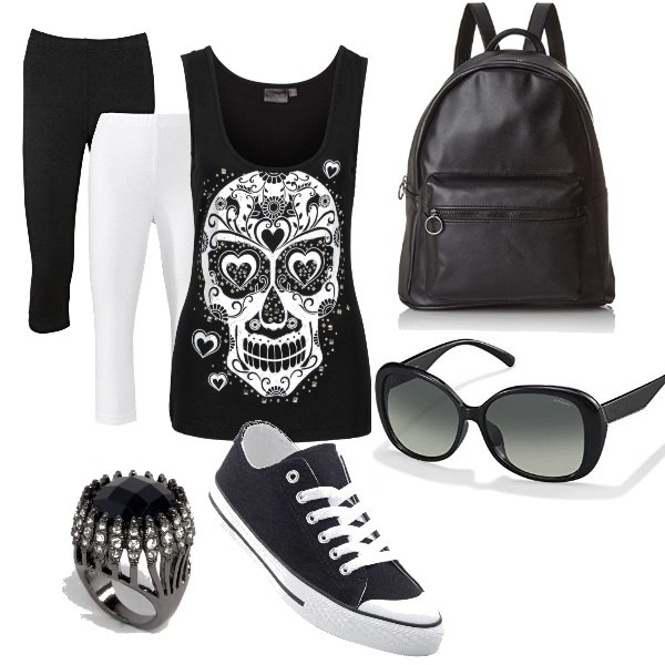 Outfit donna - Trendy #5455. Stile Trendy per Scuola/Università. Abbinamento con leggings, scarpe sportive, anello oversize con pietra.