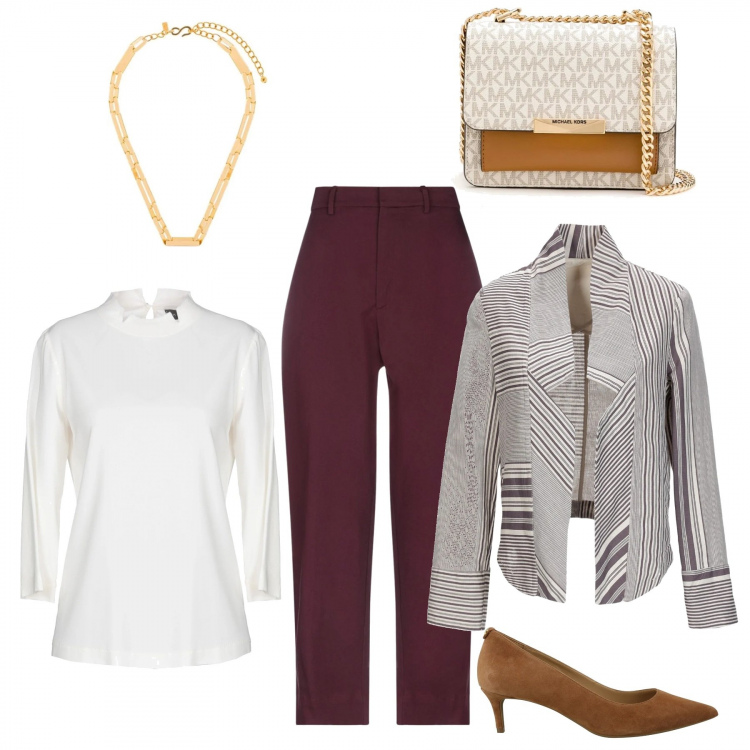 Outfit donna - Giacca modello Chanel. Stile Chic per Tutti i giorni. Abbinamento con blazer, bluse, pantaloni, borse a tracolla, collane, décolleté.