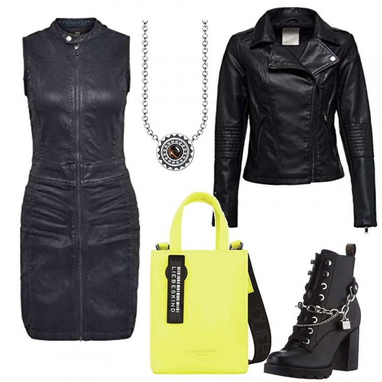 Outfit donna - Strong. Stile Rock per Tutti i giorni. Abbinamento con vestiti senza maniche, anfibi, blazer, borse tote, ciondoli.
