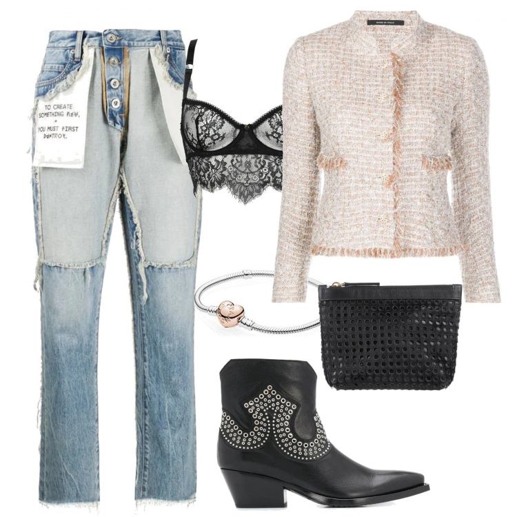 Outfit donna - Sexy chic. Stile Sexy Abbinamento con reggiseni, pochette, blazer, jeans boyfriend, stivaletti texani, braccialetti.