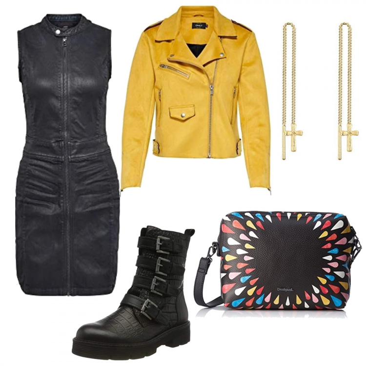 Outfit donna - Rock and roll. Stile Rock per Serata fuori. Abbinamento con vestiti senza maniche, blazer, borse a spalla, stivaletti, orecchini.