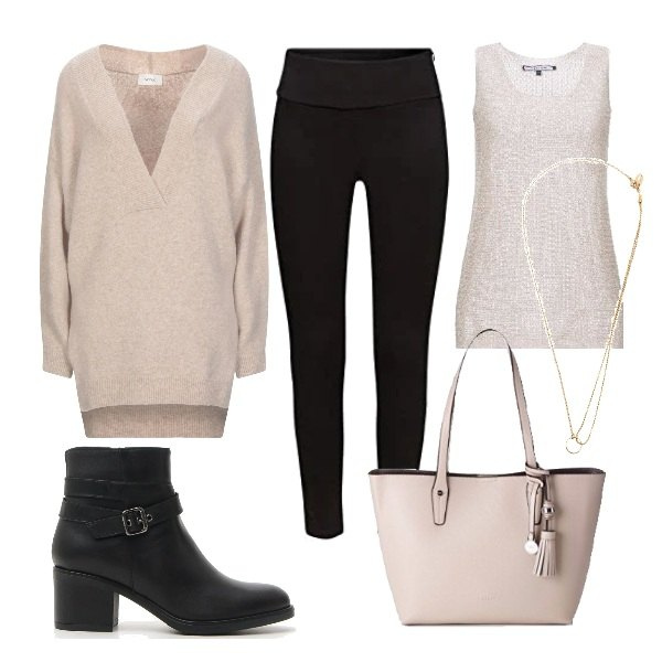 Outfit donna - Nero e beige una certezza. Stile Basic per Tutti i giorni. Abbinamento con pullovers, top, collane, jeggings, stivaletti, borse a spalla.