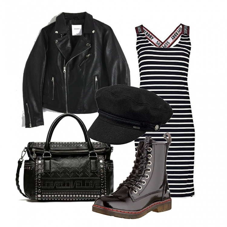 Outfit donna - Anfibi+abito rock. Stile Rock per Tutti i giorni. Abbinamento con cappotti, stivali, borse a mano, vestiti, cappelli con visiera.