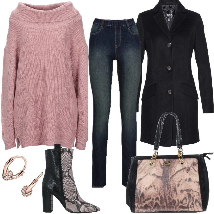 Outfit donna - Maxi. Stile Trendy Abbinamento con jeggings, cappotti, maglieria, borse a mano, stivaletti, orecchini.