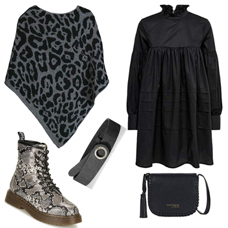 Outfit donna - Anfibi + mantellina animalier. Stile Urban per Ufficio. Abbinamento con stivaletti, vestiti, cappotti, borse a tracolla, cinture.