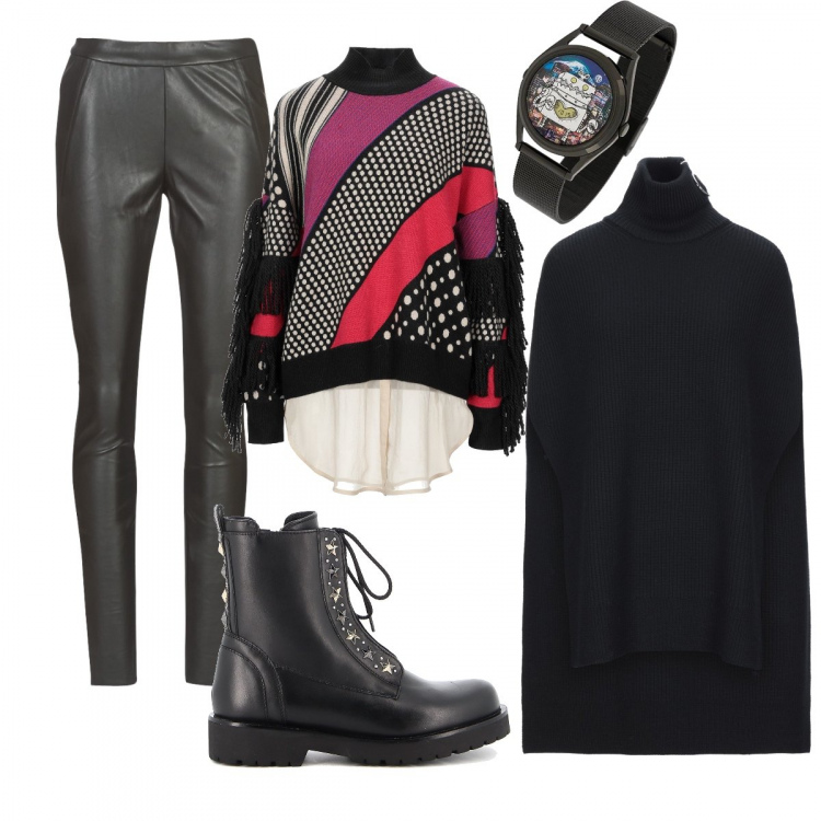 Outfit donna - Il caldo maxi pull. Stile Urban per Tutti i giorni. Abbinamento con pullovers, cappe, collant, orologi, anfibi.