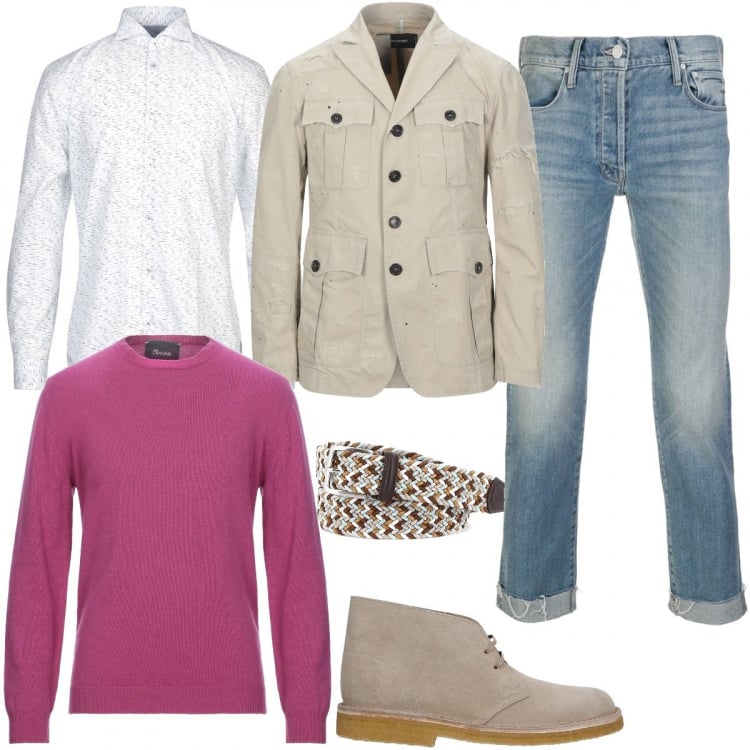 Outfit uomo - Jeans e polacchino. Stile Casual per Tutti i giorni. Abbinamento con stivali e stivaletti, giacche, camicie, pullovers, jeans, cinture.
