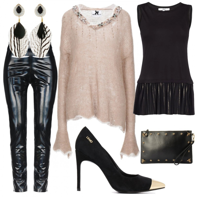 Outfit donna - Fashion Look. Stile Trendy per Serata fuori. Abbinamento con pullovers, leggings, décolleté, canottiere, orecchini, pochette.