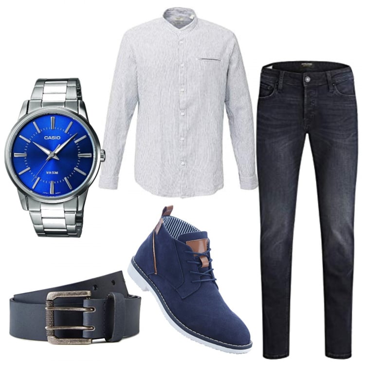 Outfit uomo - Polacchina low cost. Stile Casual per Tutti i giorni. Abbinamento con scarpe stringate, jeans, camicie, orologi analogici, cinture.