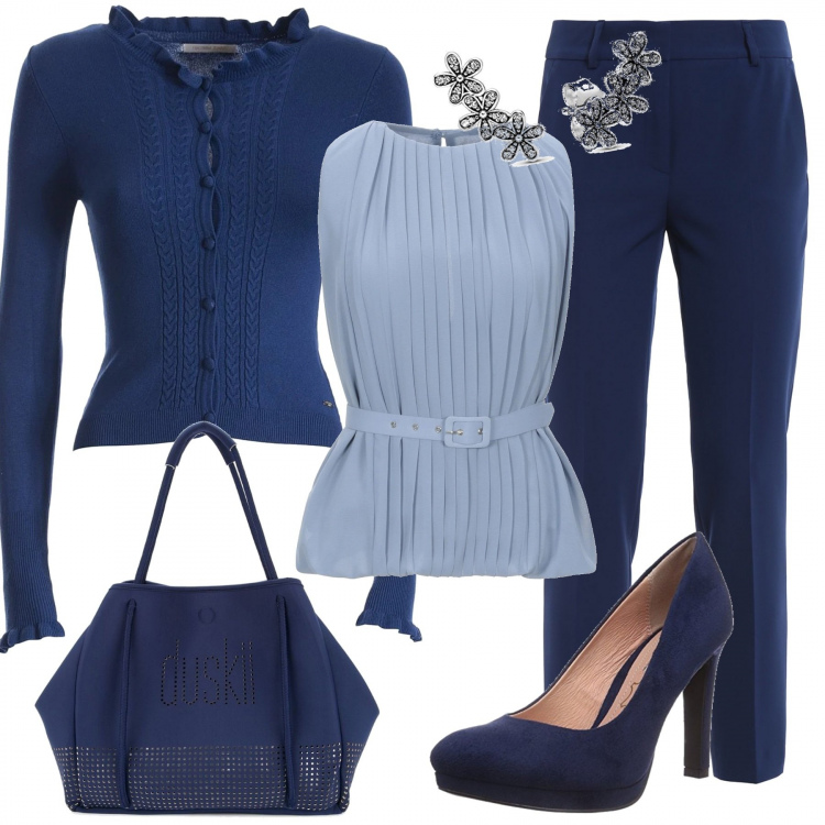 Outfit donna - Chic #35668. Stile Chic per Ufficio. Abbinamento con top, cardigans, borse tote, pantaloni capri, décolleté, orecchini.