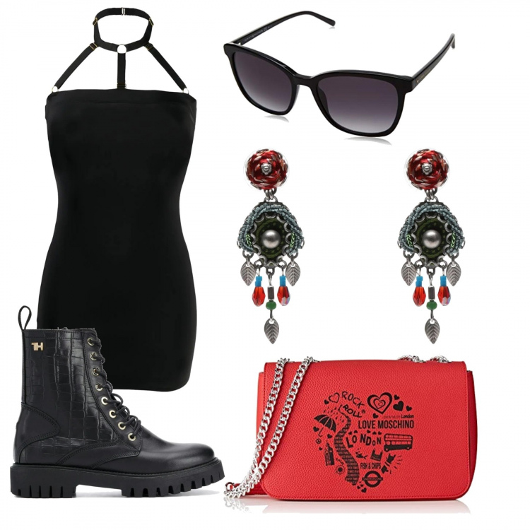Outfit mujer - Anfibias. Estilo Rock para Todos los días. Combinación con gafas de sol, bandoleras, vestidos cortos, anfibios, pendientes.