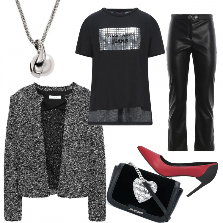 Outfit donna - Trendy #66328. Stile Trendy per Serata fuori. Abbinamento con blazer, t-shirt, décolleté, borse a tracolla, pantaloni, ciondoli.