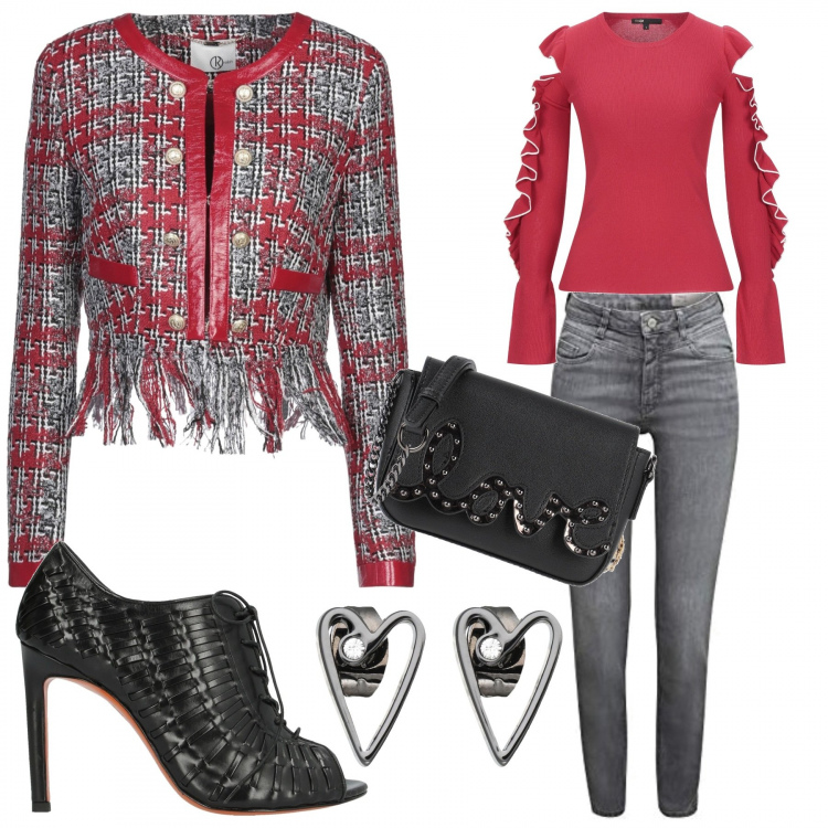 Outfit donna - La giacca modello Chanel. Stile Trendy per Serata fuori. Abbinamento con blazer, pullovers, stivaletti, borse a tracolla, orecchini, jeans.