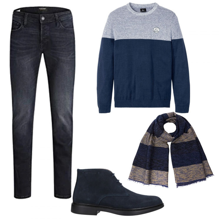 Outfit uomo - Polacchine e jeans. Stile Casual per Ufficio. Abbinamento con t-shirt sportive, stivali e stivaletti, jeans, sciarpe.