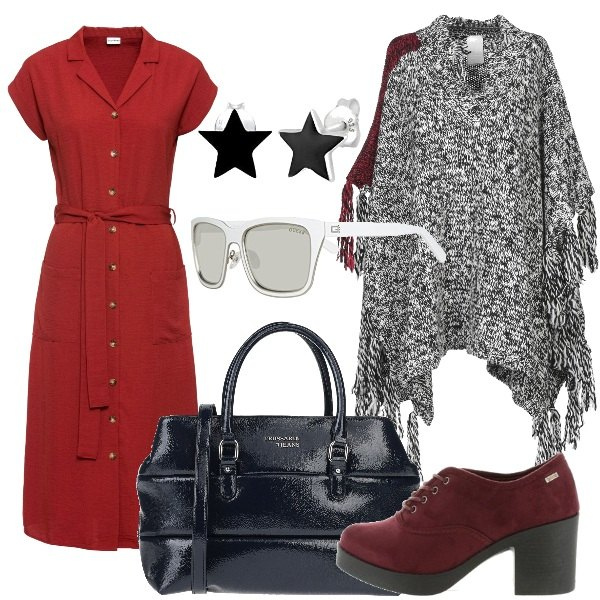 Outfit donna - Focus Donna - Curvy Style. Stile Basic per Ufficio. Abbinamento con vestiti, borse a mano, cappe, scarpe stringate, orecchini, occhiali da sole.