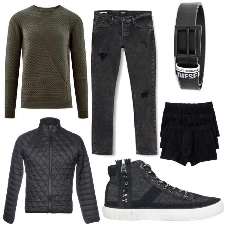 Outfit uomo - Look trapuntato. Stile Trendy per Tutti i giorni. Abbinamento con boxer, piumini, sneakers alte, cinture, maglioni, jeans.