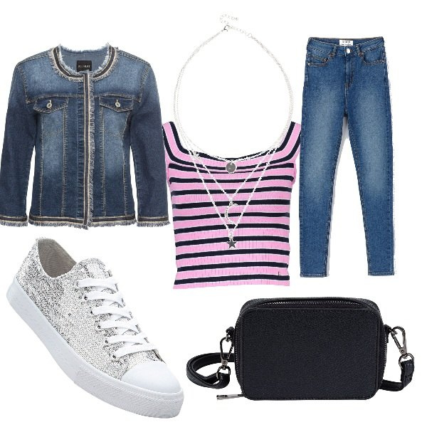 Outfit donna - PINK IS GOOD! (Fondazione Veronesi). Stile Urban per Tutti i giorni. Abbinamento con blazer, borse a tracolla, sneakers, collane, jeans skinny, top.