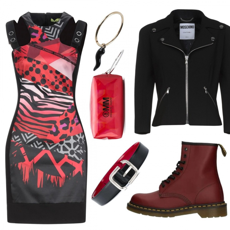 Outfit mujer - Rock #6051. Estilo Rock para Todos los días. Combinación con anfibios, vestidos cortos, pendientes, blazers, bolsos de mano, cinturones.