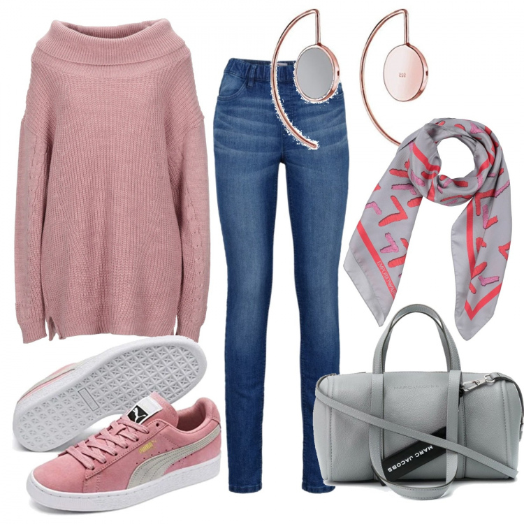 Outfit donna - Leggings e Maxi Pullover. Stile Trendy per Scuola/Università. Abbinamento con jeggings, maglieria, stole, borse a mano, sneakers, orecchini.