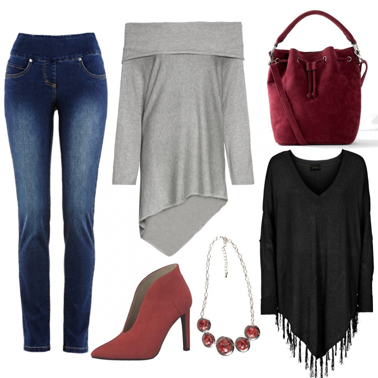 Outfit donna - Asimmetrie. Stile Trendy per Tutti i giorni. Abbinamento con jeans, maglioni, cappotti, borse a mano, collane, stivaletti.