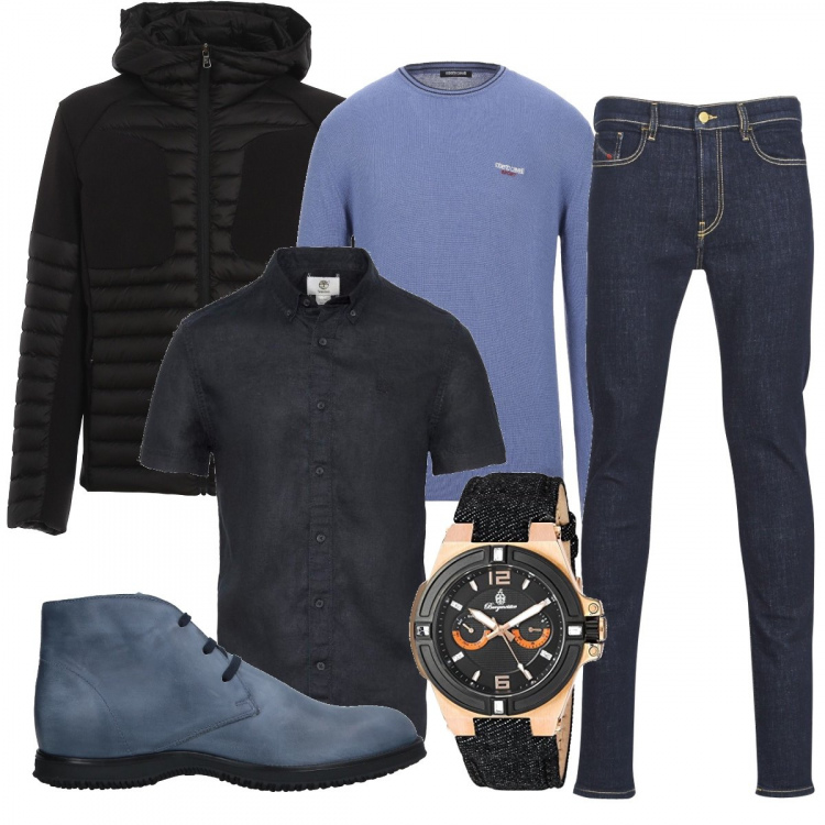 Outfit uomo - Trendy #8435. Stile Trendy per Serata speciale. Abbinamento con stivali e stivaletti, pullovers, jeans, camicie a manica corta, giacche, braccialetti.
