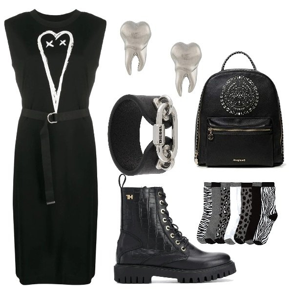 Outfit mujer - Rocker. Estilo Rock para Todos los días. Combinación con calcetines, mochilas, vestidos sin mangas, pendientes, anfibios, pulseras.