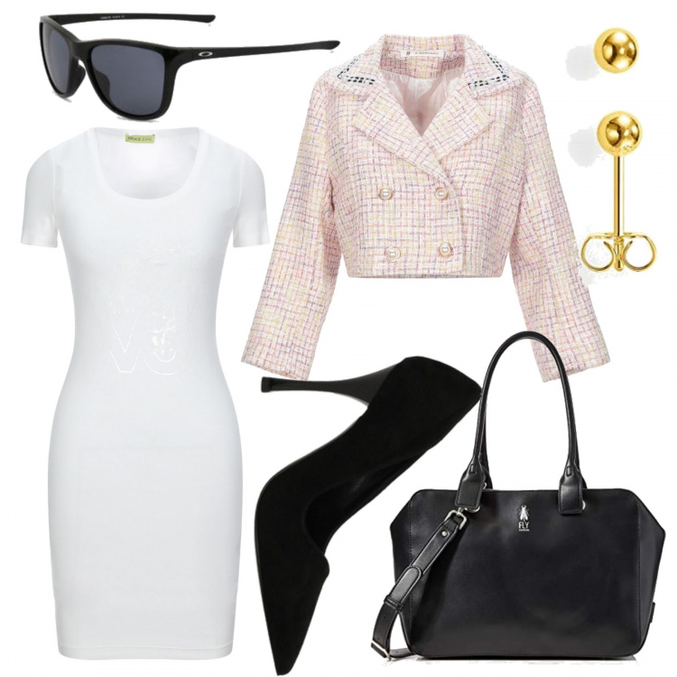 Outfit mujer - Básico. Estilo Chic para Oficina. Combinación con pendientes, bolsos de mano, salones, gafas de sol, blazers, vestidos cortos.