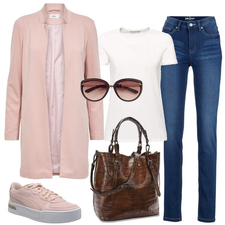 Outfit donna - Pink is good. Stile Basic per Tutti i giorni. Abbinamento con jeans slim fit, occhiali da sole, cappotti, borse a mano, t-shirt, sneakers.