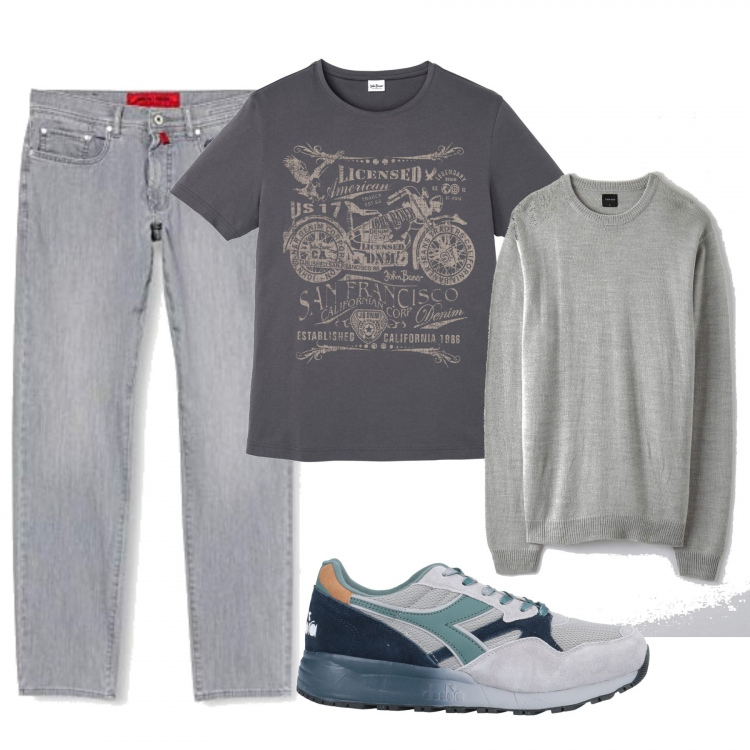 Outfit uomo - Trendy #8445. Stile Trendy per Tutti i giorni. Abbinamento con t-shirt, sneakers, maglieria, jeans dritti.