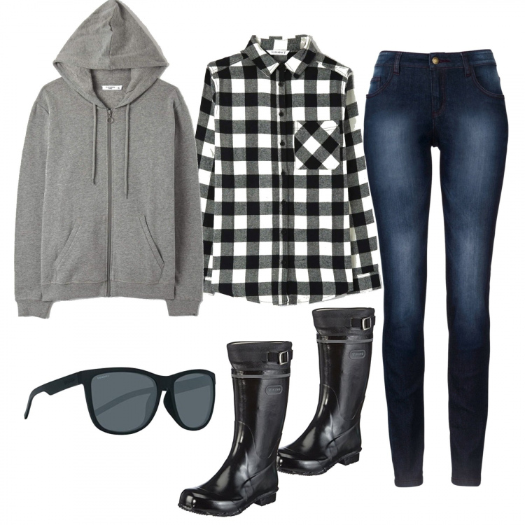 Outfit donna - Passeggiata al parco. Stile Basic per Tutti i giorni. Abbinamento con jeans skinny, camicie, felpe con cappuccio, stivali, occhiali da sole.