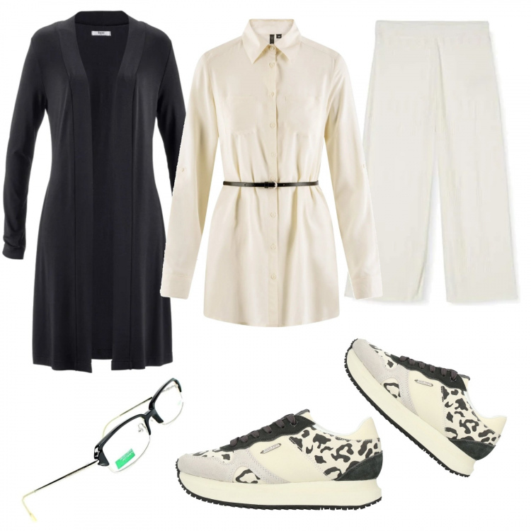 Outfit donna - Smart working. Stile Urban per Ufficio. Abbinamento con cardigans, sneakers, tuniche, pantaloni, occhiali.