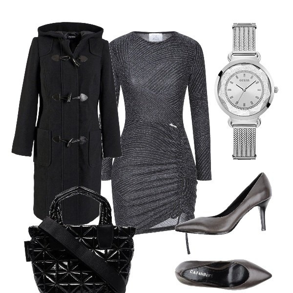 Outfit donna - Trendy #66505. Stile Trendy per Serata fuori. Abbinamento con montgomery, décolleté, vestiti corti, borse tote, orologi.