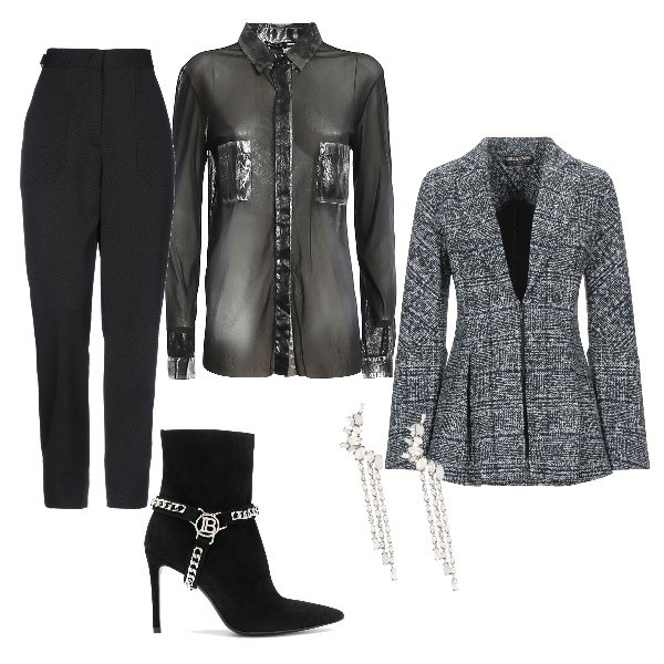 Outfit donna - Chic #35803. Stile Chic per Serata fuori. Abbinamento con blazer, pantaloni, stivaletti, orecchini, camicie.