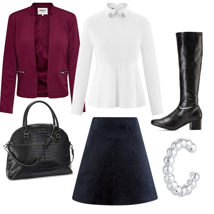 Outfit donna - Martedi in ufficio. Stile Urban per Ufficio. Abbinamento con stivali, camicie, minigonne, blazer, borse a mano, orecchini.