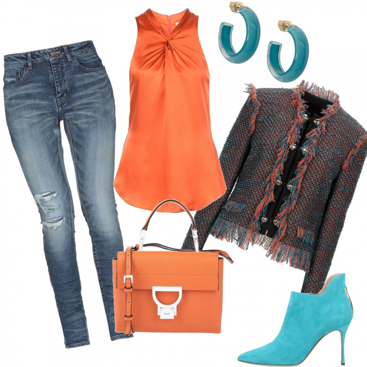 Outfit mujer - Chic #35824. Estilo Chic para Todos los días. Combinación con blazers, botines, top, vaqueros rotos, pendientes, bolsos de mano.