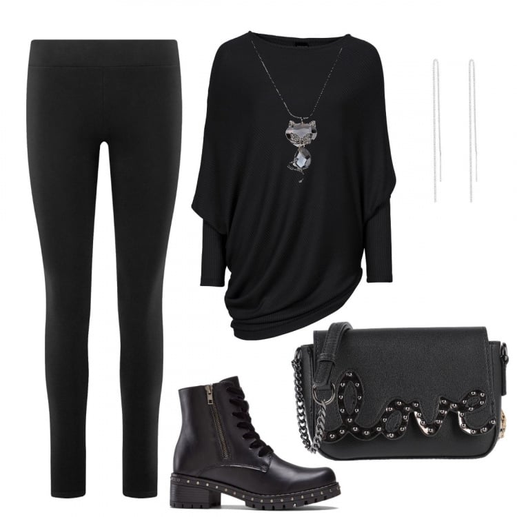 Outfit donna - Pullover e leggings in stile rock. Stile Rock per Serata fuori. Abbinamento con maglieria, stivaletti, collane, borse a tracolla, leggings, orecchini.