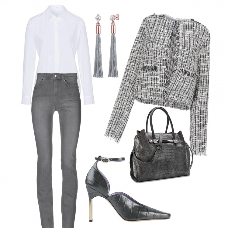 Outfit mujer - Un dia con Chanel. Estilo Trendy para Todos los días. Combinación con bolsos de mano, blusas, pendientes, blazers, vaqueros slim fit, salones.