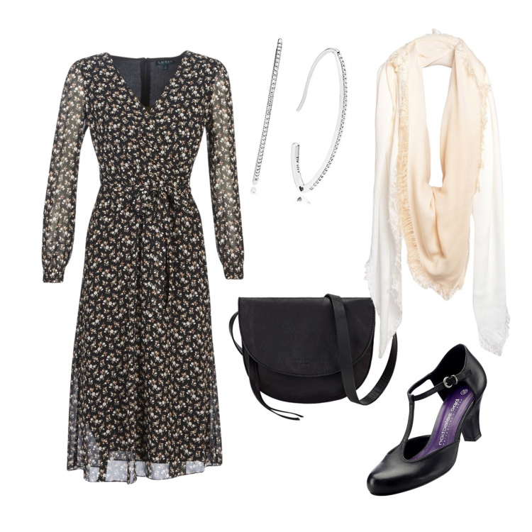 Outfit donna - Romantic chic. Stile Bon Ton per Tutti i giorni. Abbinamento con décolleté, foulard, vestiti lunghi, orecchini, clutch.